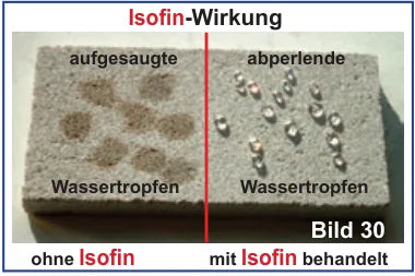 Vergleich Isofin-Wirkung: links aufgesaugter Wassertropfen (ohne Isofin), rechts abperlender Wassertropfen (mit Isofin)