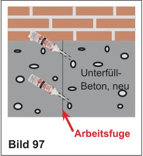 Schnitt: Arbeitsfuge zwischen altem und neuem Unterfüll-Beton — einlagige Isofin-Sperre