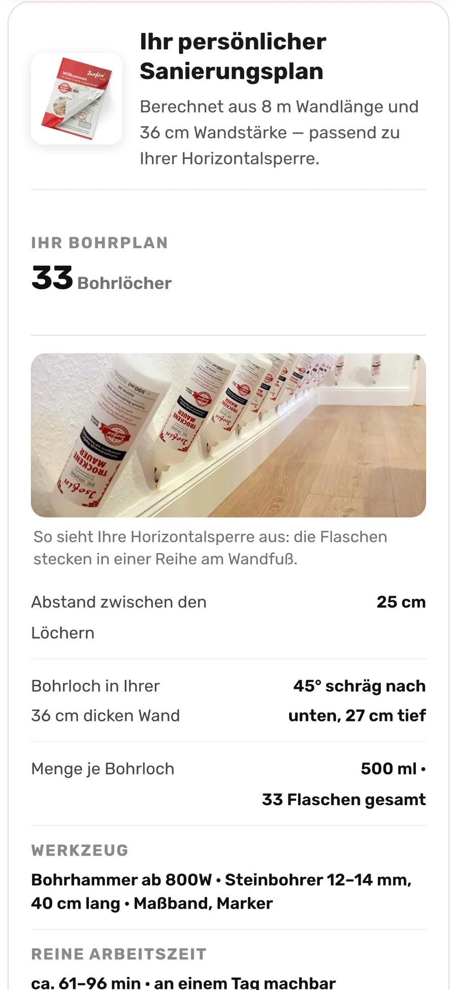 Kalkulator-Ergebnis am Handy: Bohrplan für eine 8 m lange Ziegelwand mit 33 Bohrlöchern, 25 cm Lochabstand und Bohrwinkel