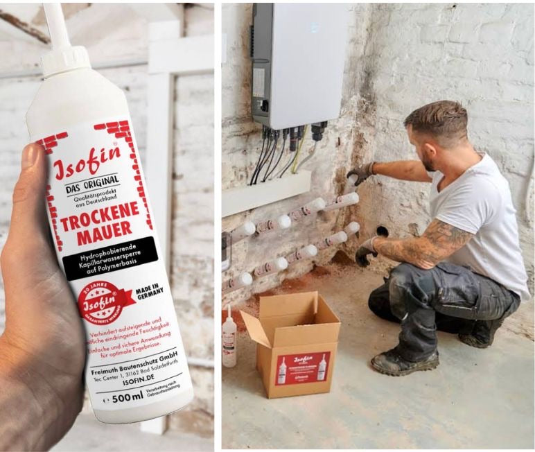 Isofin®-Flasche in der Hand, daneben die Anwendung an einer Kellerwand